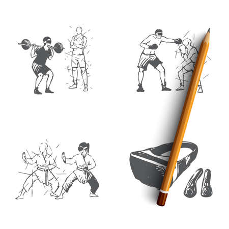 VR sports - home gym, sport games, martial arts, vr equipment vector concept set. Hand drawn sketch isolated illustrationのイラスト素材