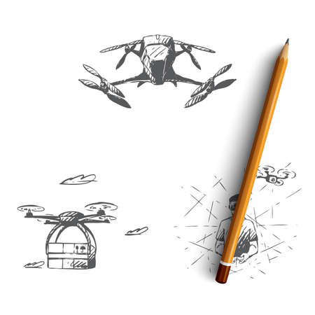 Drones - equipment and extensions, remote control on vr, modern fly transport vector concept set. Hand drawn sketch isolated illustrationのイラスト素材