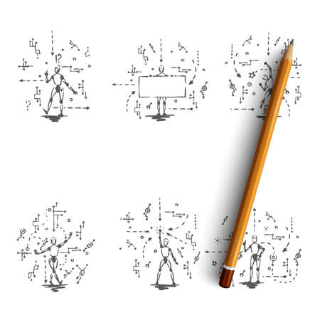 Android - robots with android scripts vector concept set. Hand drawn sketch isolated illustrationのイラスト素材