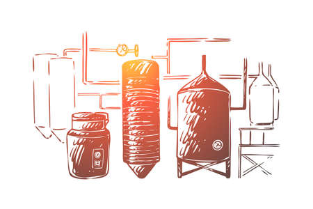 Brewing equipment, lager making process automation, brewery craft, distillery, booze factory, boiling and cooling. Alcohol production, beer fermentation concept sketch. Hand drawn vector illustrationのイラスト素材
