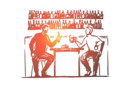 Two young men sitting in bar, drinking beer, counter with bottles, friendship, people celebrate with lager. Alcoholism, friends rest in pub concept sketch. Hand drawn vector illustrationのイラスト素材