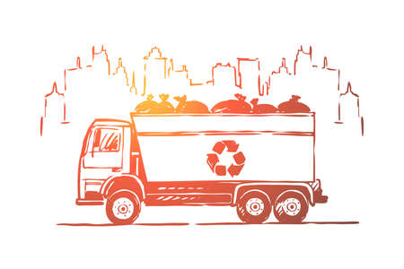 Garbage truck, lorry, automobile with litter bags, zero waste, ecology preservation, pollution...