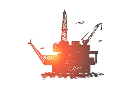 Offshore oil mining derrick, industrial ocean drilling tower, oilfield rig in sea, marine construction. Petroleum industry, fossil extraction concept sketch. Hand drawn vector illustrationのイラスト素材