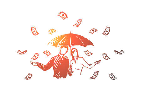 Business financiers with umbrella under cash rain, capital management, profitable entrepreneurship. Financial literacy, successful money investment concept sketch. Hand drawn vector illustrationのイラスト素材