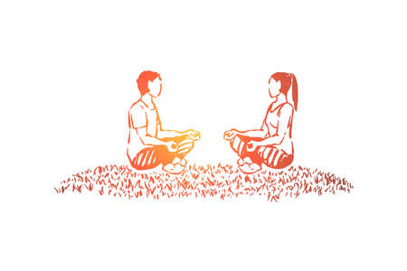 Husband and wife sitting in lotus position, healthy lifestyle, fitness partners, people do pilates. Yoga class for couples, man and woman meditating concept sketch. Hand drawn vector illustrationのイラスト素材