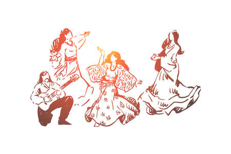 Happy young dancers in dresses, man playing musical instrument, traditional entertainment. Gypsies passionate dance, romany culture and folklore concept sketch. Hand drawn vector illustrationのイラスト素材