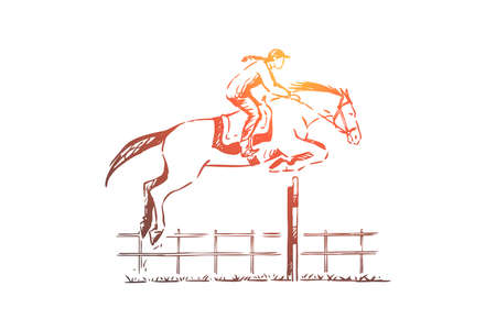 Professional jockey on race track, young woman on horseback, obstacles jumping, training for competition. Dressage, equestrian sport, hurdles concept sketch. Hand drawn vector illustrationのイラスト素材