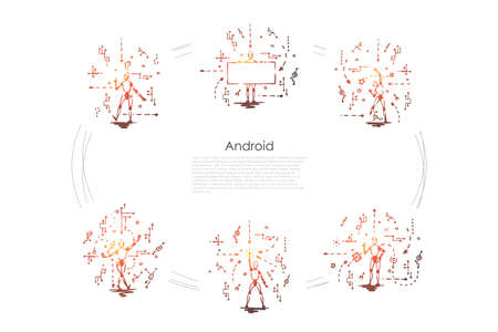 Android - robots with android scripts vector concept set. Hand drawn sketch isolated illustrationのイラスト素材