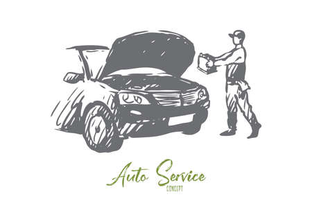 Auto, disassembly, repair, service, mechanic concept. Hand drawn auto mechanic repair auto concept sketch. Isolated vector illustration.のイラスト素材