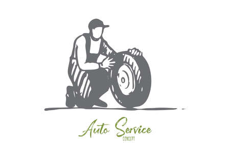 Car, wheel, repair, auto, service, replace concept. Hand drawn service man replaces wheel of car concept sketch. Isolated vector illustration.のイラスト素材