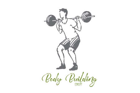 Body, fitness, gym, sport, man concept. Hand drawn man training in gym with barbell concept sketch. Isolated vector illustration.のイラスト素材