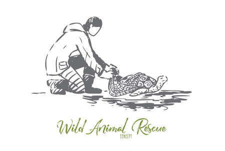 Animal, ocean, turtle, eco, help concept. Hand drawn man save turtle from net concept sketch. Isolated vector illustration.のイラスト素材