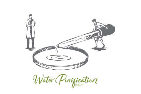 Water, purification, element, chemistry, science concept. Hand drawn chemist examines water concept sketch. Isolated vector illustration.のイラスト素材