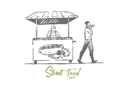 Hot dog, fast food, kiosk, street concept. Hand drawn man eating hot dog in street concept sketch. Isolated vector illustration.のイラスト素材