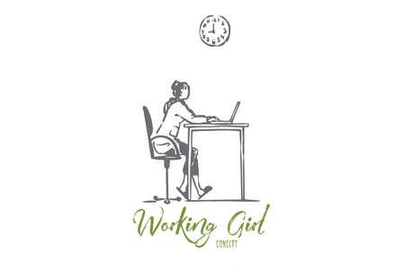 Working, girl, computer, internet, job concept. Hand drawn start of working day, girl works with computer concept sketch. Isolated vector illustration.のイラスト素材