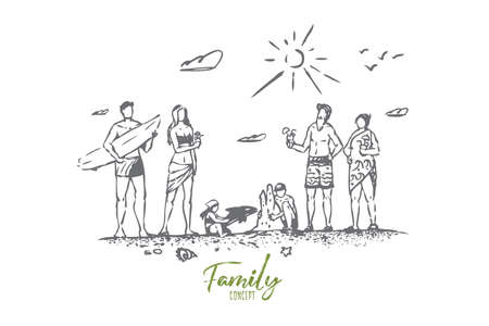 Family, beach, summer, sand, people concept. Hand drawn happy big family on the beach concept sketch. Isolated vector illustration.のイラスト素材