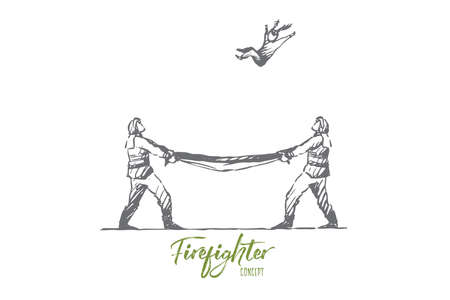 Firefighter, catch, rescue, danger, safe concept. Hand drawn firefighters catching kid falling out of window on fire concept sketch. Isolated vector illustration.のイラスト素材