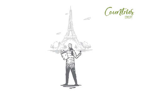 France, Paris, Eiffel, tower, man, baguette concept. Hand drawn Paris and Eiffel tower, symbols of France concept sketch. Isolated vector illustration.のイラスト素材