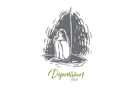 Childhood, sad, unhappy, kid, stress concept. Hand drawn child in depression concept sketch. Isolated vector illustration.のイラスト素材
