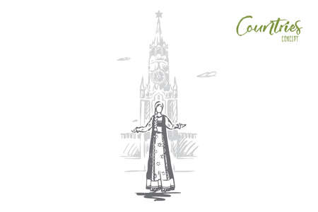 Russia, Kremlin, Moscow, travel, city concept. Hand drawn kremlin tower and woman in traditional Russian dress concept sketch. Isolated vector illustration.のイラスト素材