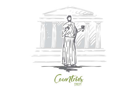 Greece, travel, temple, building, column concept. Hand drawn ancient architecture and antique god. Symbols of Greece concept sketch. Isolated vector illustration.のイラスト素材