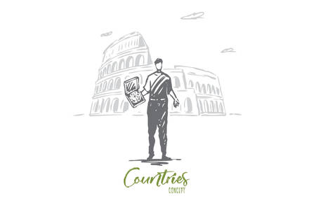 Italy, country, pizza, Colosseum, Rome concept. Hand drawn Italian man with pizza, Colosseum on background. Religion building concept sketch. Isolated vector illustration.のイラスト素材