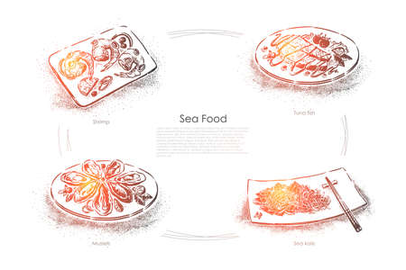 Delicious marine dishes, shrimp, tuna fish, mussels and sea kale, gourmet dinner, seafood restaurant menu, banner. Ocean cuisine, organic meal concept sketch. Hand drawn vector illustrationのイラスト素材