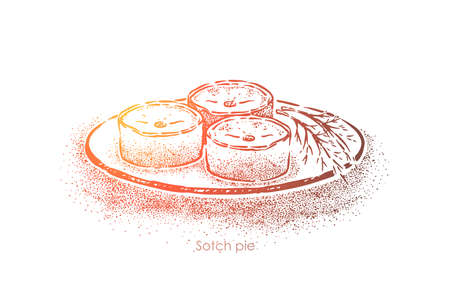 Scotch pie with filling, traditional scottish dish baked with minced mutton, national food, british cuisine. Small meat tart, delicious pastry concept sketch. Hand drawn vector illustrationのイラスト素材