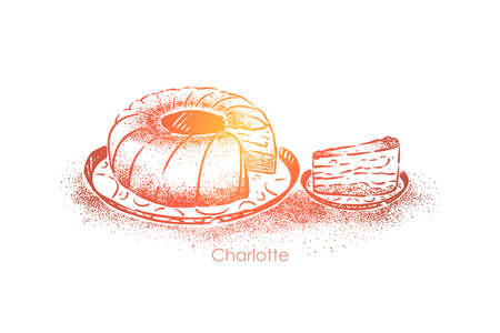 Charlotte, sweet dessert with apples baked in dough, round tasty pie, confectionery product, cafeteria food. Delicious baking, homemade pastry concept sketch. Hand drawn vector illustrationのイラスト素材