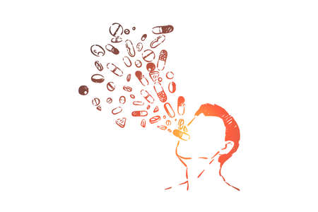 Medications overdose, pharmaceutical industry danger, medicines and drugs addiction metaphor. Man swallowing pills, opioid crisis, suicide concept sketch. Hand drawn vector illustrationのイラスト素材