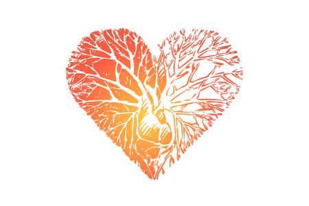 Love growing from heart metaphor, kindness branches, tree rooted in heart. Positive thinking, care, charity, volunteering, charitable foundation concept sketch. Hand drawn vector illustrationのイラスト素材