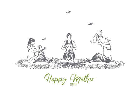 Young mothers doing gymnastic exercises with infants in park, fresh air activity, fitness for moms with childrenのイラスト素材