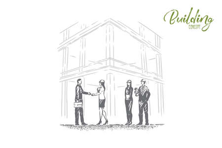 Safety check comisison, successful examination, foreman, architect and inspector in hard hats shake hands. Building business, construction inspection concept sketch. Hand drawn vector illustrationのイラスト素材