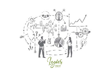 Finding problem solution, planning ahead of schedule, thought process, reviewing charts and graphs, brainstorming new ideasのイラスト素材