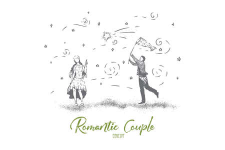 Cute couple standing together, man catching stars with net, true romantic love artwork, girl pointing at star with her fingerのイラスト素材