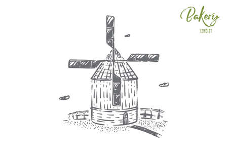 Windmill, countryside architecture, cereal grains mill, rural lifestyle, summer harvest, bakery symbol. Flour products, natural bread making concept sketch. Hand drawn vector illustrationのイラスト素材