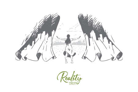 Back to nature metaphor, excited girl opening curtains with cityscape. Escaping city life, downshifting, enjoying natural harmony, outdoor activities concept sketch. Hand drawn vector illustrationのイラスト素材