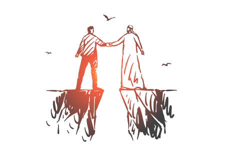 Teamwork, coworking, partnership, success concept sketch. Businessmen European and Arab standing on different rocks with abyss between and holding hands. Hand drawn isolated vector illustrationのイラスト素材
