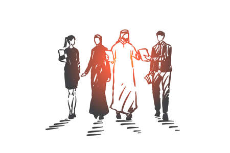 Teamwork, coworking, partnership, success concept sketch. Business people Arabs and Euopeans walking...