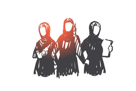 Teamwork, coworking, partnership, business woman concept sketch. Business women from Saudi Arabia standing with phone and documents. Hand drawn isolated vector illustrationのイラスト素材
