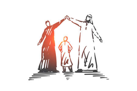 Family, parents and child, generations concept sketch. Muslim family, father and mother holding raised hands and playing with son. Hand drawn isolated vector illustrationのイラスト素材