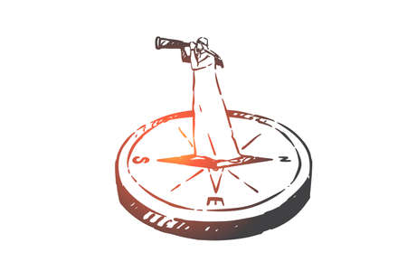 Searching, analysis, hunting, audit, navigation concept sketch. Businessman Arab standing on compass and looking ahead with spyglass. Hand drawn isolated vector illustrationのイラスト素材