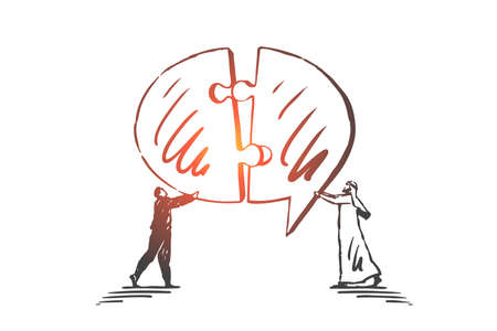 Teamwork, coworking, partnership, communication, success concept sketch. Businessmen European and Arab trying to fix different parts of message symbol together. Hand drawn isolated vector illustrationのイラスト素材
