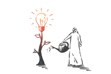Investment, profit, idea, innovation, growth concept sketch. Muslim man watering tree with lamp at top. Hand drawn isolated vector illustrationのイラスト素材