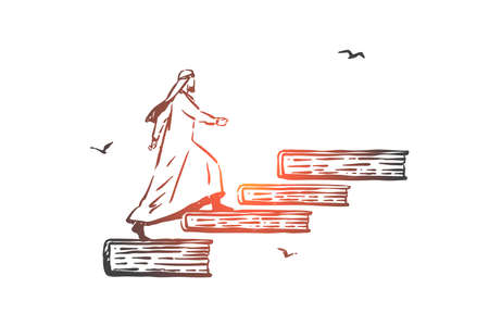Startup, leadership, growth, first concept sketch. Arab in traditional hijab walking up on books. Hand drawn isolated vector illustrationのイラスト素材