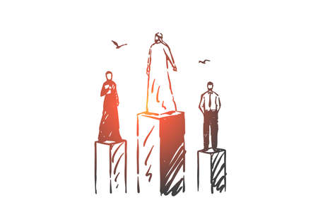 Rating, status, power, level concept sketch. Businessmen European and Arabs standing on different pedestals. Hand drawn isolated vector illustrationのイラスト素材