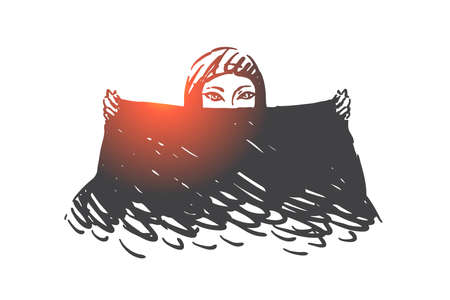 Muslim woman with black scarf concept sketch. Hand drawn isolated vectorのイラスト素材