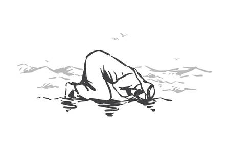 Islamic faith, religion, prayer concept sketch. Lonely Muslim man kneeling and praying in desert sands, dunes, believers obedience and hope for God metaphor. Hand drawn isolated vectorのイラスト素材