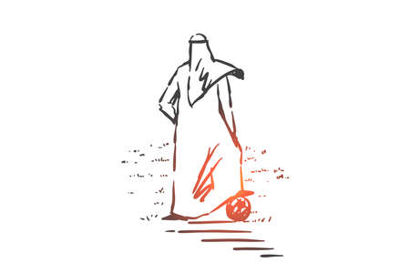 Muslim footballer concept sketch. Arab man with foot on ball playing soccer, enjoying outdoor activities, businessman doing sports, relaxing, having leisure time. Hand drawn isolated vectorのイラスト素材