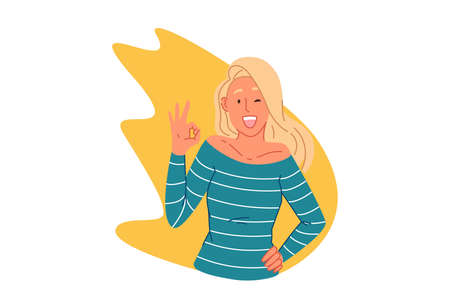 Agreement, nonverbal communication concept. Happy young woman showing ok gesture, trendy approval sign, cheerful caucasian girl saying okay, positive emotion expression. Simple flat vectorのイラスト素材
